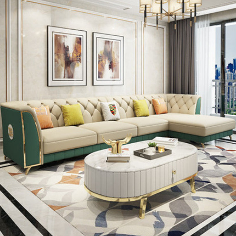 Recessed Arm Tufted Back Furniture Sectionals Pleated Genuine Leather Sectional Sofa Set White Green 36''H x 126''L x 71''W Clearhalo 'Furniture' 'furniture_sectionals' 'kitchen' 'kitchen_sectionals' 'Living Room Furniture' 'Sectionals' 4777858