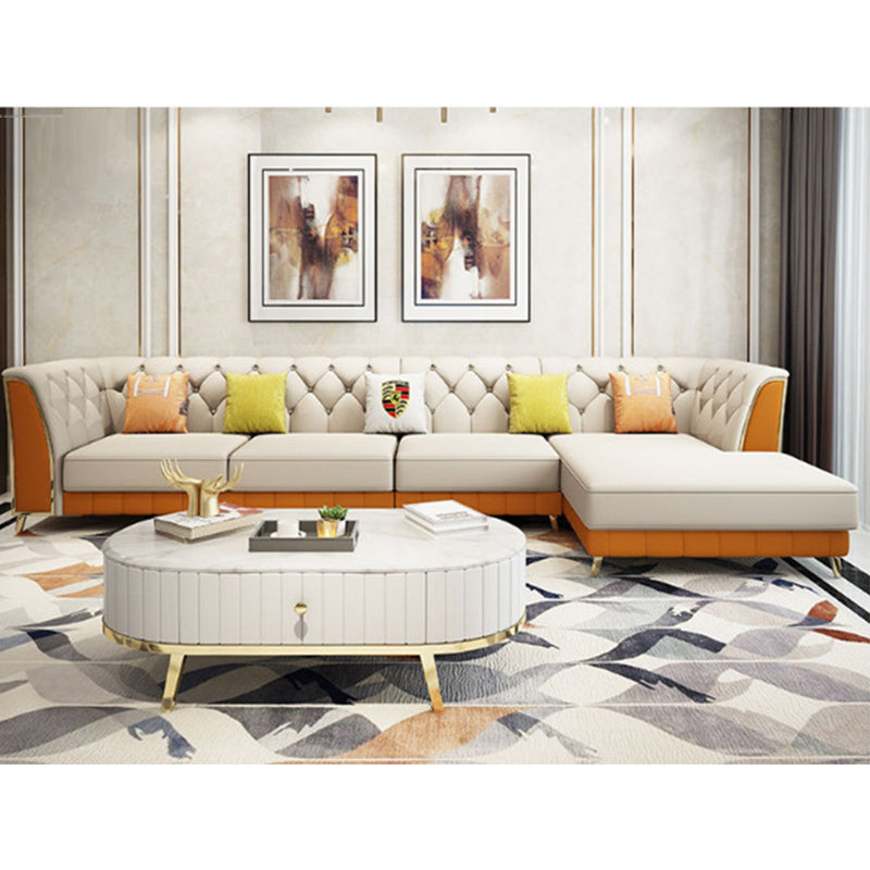 Recessed Arm Tufted Back Furniture Sectionals Pleated Genuine Leather Sectional Sofa Set White-Orange Clearhalo 'Furniture' 'furniture_sectionals' 'kitchen' 'kitchen_sectionals' 'Living Room Furniture' 'Sectionals' 4777859