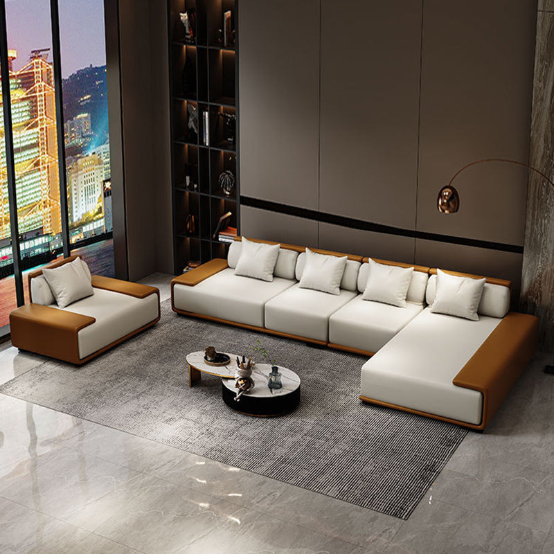 Assembled Genuine Leather Living Room Recessed Arm Modular Sofa & Chaise Clearhalo 'furn' 'furn_sectionals' 'Furniture' 'furniture_sectionals' 'kitchen' 'kitchen_sectionals' 'Living Room Furniture' 'Sectionals' 4777993