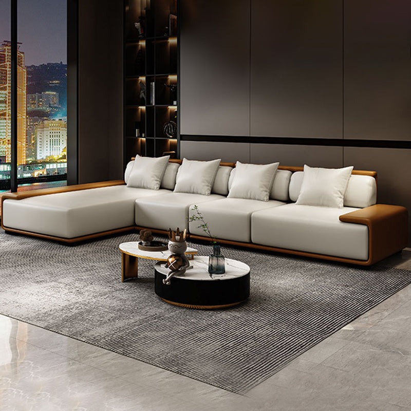 Assembled Genuine Leather Living Room Recessed Arm Modular Sofa & Chaise 146.5"L x 71"W x 29.5"H Right Clearhalo 'furn' 'furn_sectionals' 'Furniture' 'furniture_sectionals' 'kitchen' 'kitchen_sectionals' 'Living Room Furniture' 'Sectionals' 4777995