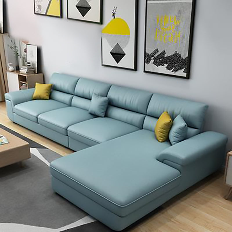 Modern Reversible Chaise Sofa with Pillows Flared Arm Sofa for Living Room Blue Faux Leather Clearhalo 'furn' 'furn_sectionals' 'Furniture' 'furniture_sectionals' 'kitchen' 'kitchen_sectionals' 'Living Room Furniture' 'Sectionals' 4779100