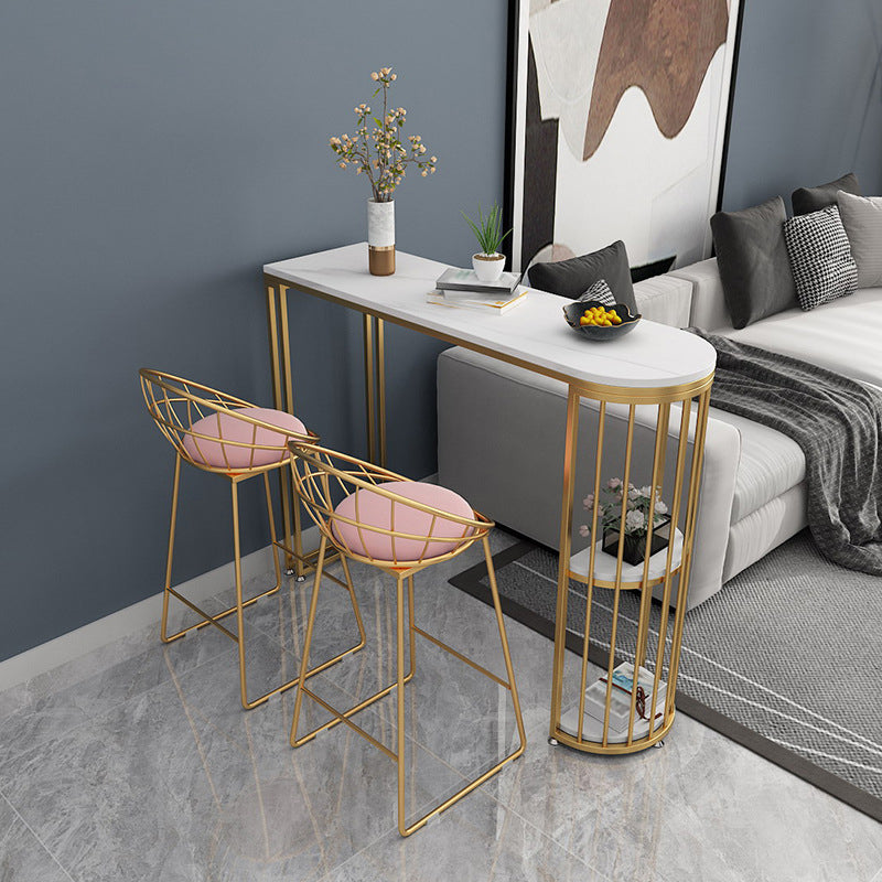 Nordic Glam Rectangle Bar Counter Dining Table Sintered Stone Table 86.6"L x 15.7"W x 41.3"H White-Gold Without Chairs Clearhalo 'Bar Furniture' 'Bar Tables' 'bar_tables' 'furn' 'furn_bar_tables' 'Furniture' 'furniture_bar_tables' 'Kitchen & Dining Furniture' 4779631
