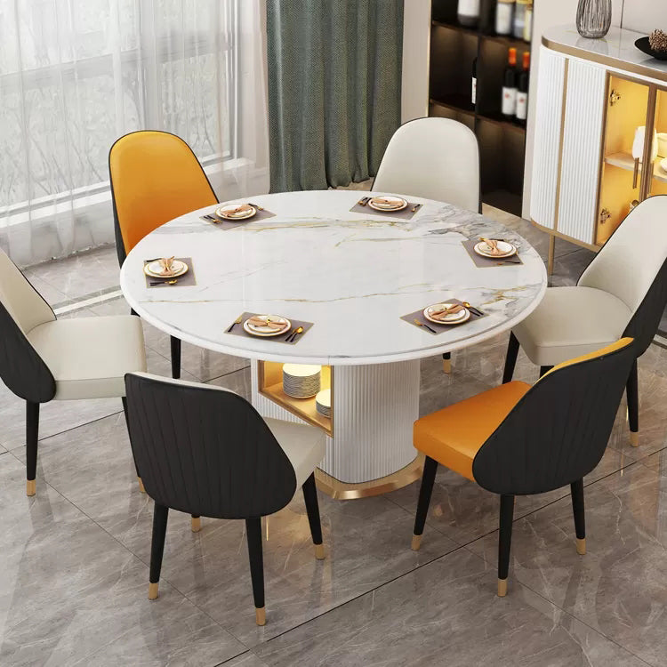 Glam 1/4/7/9 Pieces Scalable Dinette Set with Sintered Stone Top Round Dining Table Set 7 Pieces: Table, 6 Chairs Clearhalo 'Dining Room Sets' 'Dining Tables & Seating' 'dining_room_set' 'furn' 'furn_dining_room_set' 'Furniture' 'furniture_dining_room_set' 'Kitchen & Dining Furniture' 4780585