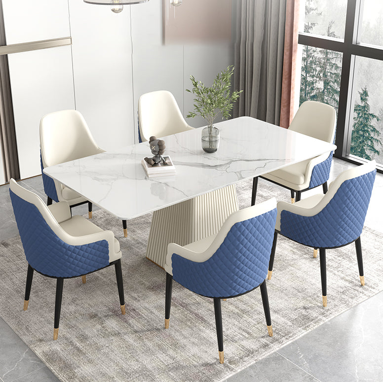 Nordic Sintered Stone Top Dining Set Rectangle 1/2/5/7 Pieces Dining Table with Chairs 7 Pieces: Table, 6 Blue Chairs Clearhalo 'Dining Room Sets' 'Dining Tables & Seating' 'dining_room_set' 'furn' 'furn_dining_room_set' 'Furniture' 'furniture_dining_room_set' 'Kitchen & Dining Furniture' 4780648