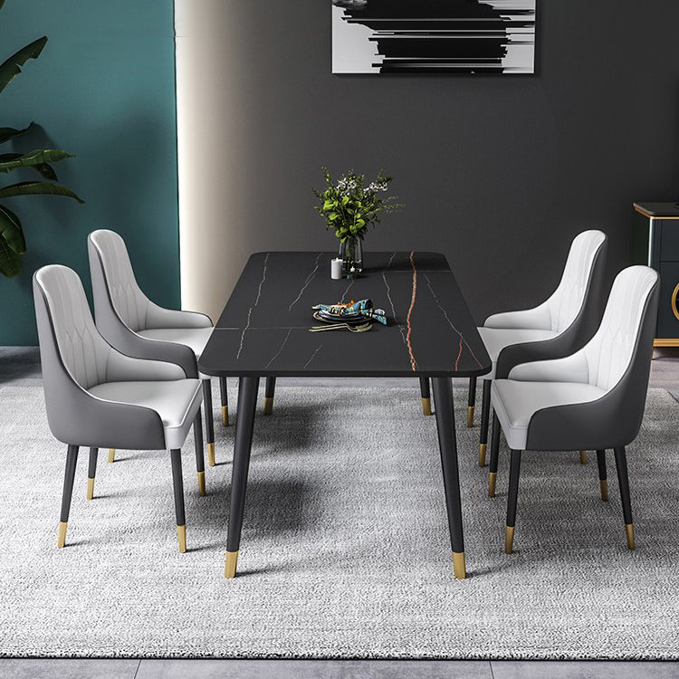 Designer Style Sintered Stone Dining Set 1/2/5/7 Pieces Rectangle Dining Table with Chairs 5 Pieces: Black Table, 4 White Chairs Clearhalo 'Dining Room Sets' 'Dining Tables & Seating' 'dining_room_set' 'furn' 'furn_dining_room_set' 'Furniture' 'furniture_dining_room_set' 'Kitchen & Dining Furniture' 4780693