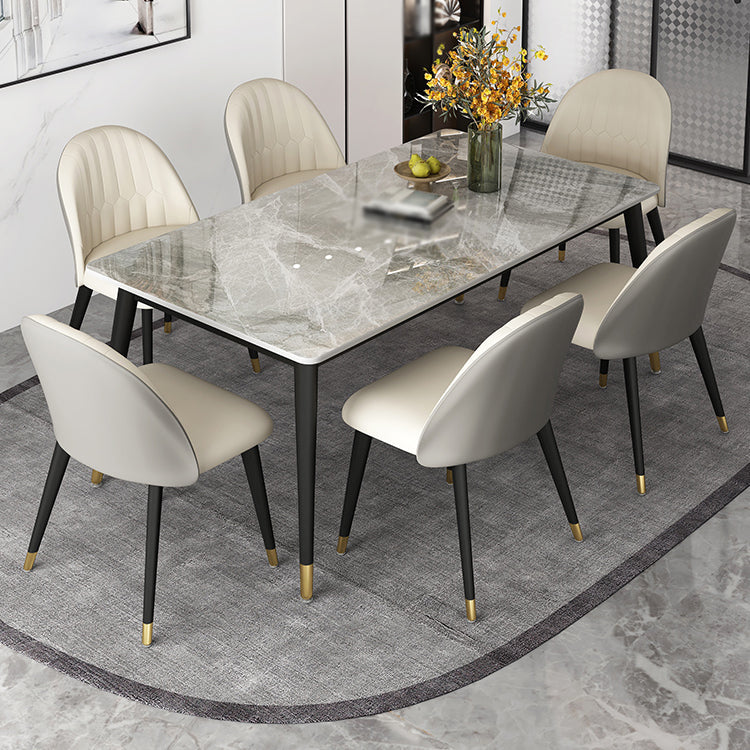 Glam Rectangle Dinette Set 1/4/5/7 Pieces Dining Table Set with Grey Sintered Stone Top 7 Pieces: Table, 6 Beige Chairs Clearhalo 'Dining Room Sets' 'Dining Tables & Seating' 'dining_room_set' 'furn' 'furn_dining_room_set' 'Furniture' 'furniture_dining_room_set' 'Kitchen & Dining Furniture' 4780795