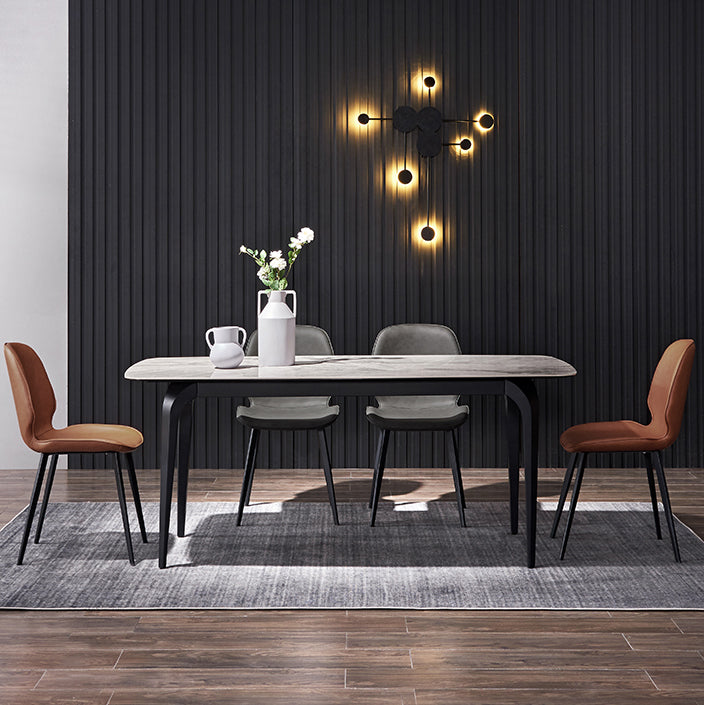 Modern Rectangle Dinette Set 1/2/4/5/7 Pieces Dining Table Set with Grey Sintered Stone 5 Pieces: Table, 2 Grey+2 Orange Chairs Clearhalo 'Dining Room Sets' 'Dining Tables & Seating' 'dining_room_set' 'furn' 'furn_dining_room_set' 'Furniture' 'furniture_dining_room_set' 'Kitchen & Dining Furniture' 4780837
