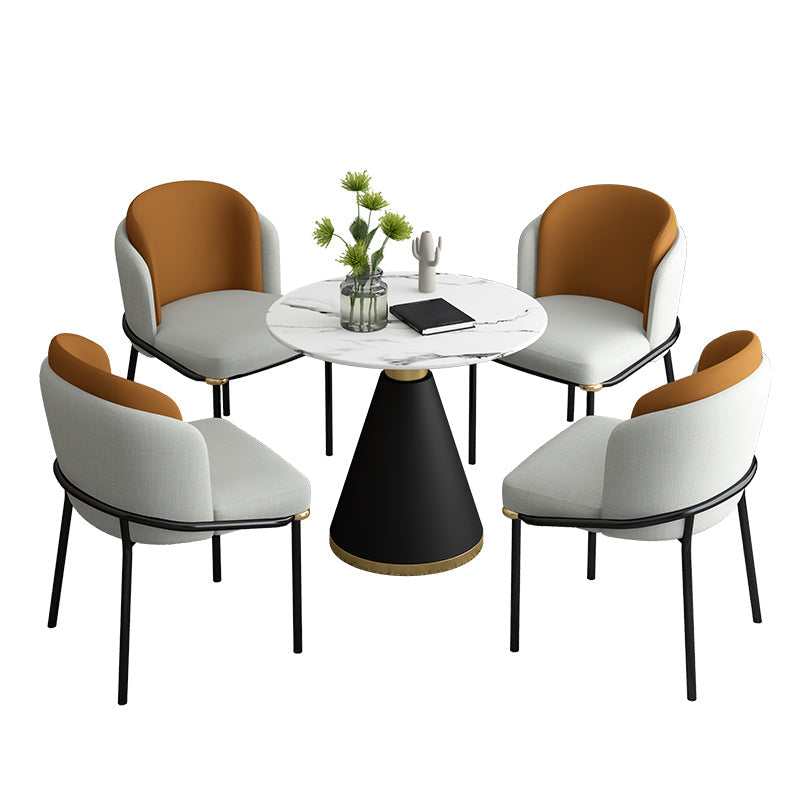 Glam Round Dinette Set 1/2/4/5 Pieces Black Dining Table Set with White Sintered Stone Top 5 Pieces: Table, 4 Orange Chairs Clearhalo 'Dining Room Sets' 'Dining Tables & Seating' 'dining_room_set' 'furn' 'furn_dining_room_set' 'Furniture' 'furniture_dining_room_set' 'Kitchen & Dining Furniture' 4780873