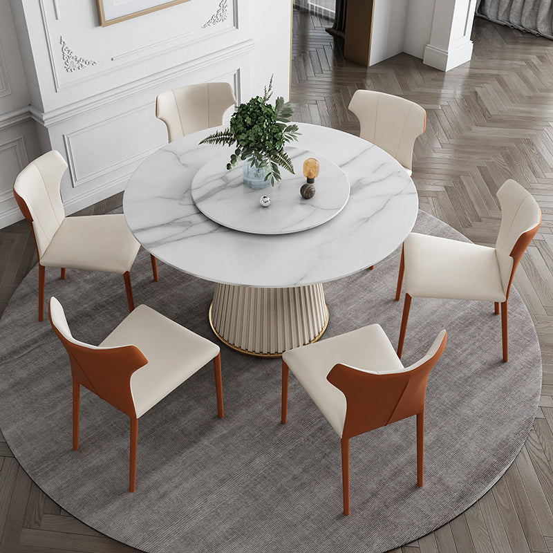 Glam Round Dinette Set 1/4/5/7 Pieces Dining Table Set with White Sintered Stone Top 7 Pieces: Table, 6 Chairs Clearhalo 'Dining Room Sets' 'Dining Tables & Seating' 'dining_room_set' 'furn' 'furn_dining_room_set' 'Furniture' 'furniture_dining_room_set' 'Kitchen & Dining Furniture' 4780897