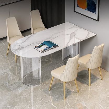 Sintered Stone Top Dining Table Modern White Table with Acrylic Double Pedestal Free Form 51.2"L x 27.6"W x 29.5"H Without Chairs Clearhalo 'Dining Tables & Seating' 'Dining Tables' 'dining_table' 'furn' 'furn_dining_table' 'Furniture' 'furniture_dining_table' 'Kitchen & Dining Furniture' 'kitchen' 'kitchen_dining_table' 4780966