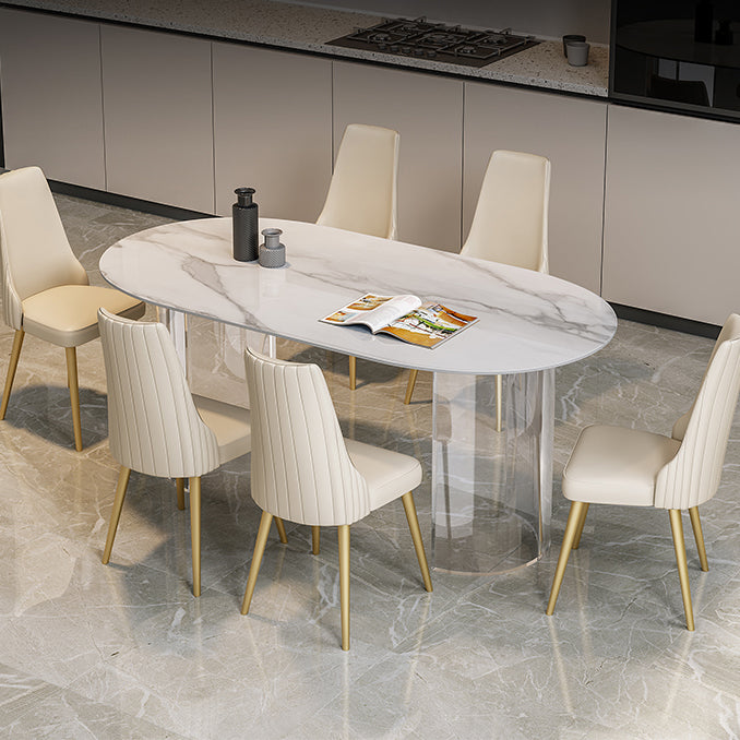 Sintered Stone Top Dining Table Modern White Table with Acrylic Double Pedestal Oval 55.1"L x 31.5"W x 29.5"H Without Chairs Clearhalo 'Dining Tables & Seating' 'Dining Tables' 'dining_table' 'furn' 'furn_dining_table' 'Furniture' 'furniture_dining_table' 'Kitchen & Dining Furniture' 'kitchen' 'kitchen_dining_table' 4780967