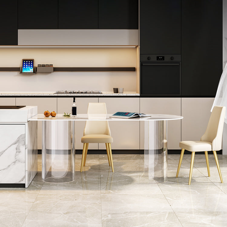 Sintered Stone Top Dining Table Modern White Table with Acrylic Double Pedestal Free Form 63"L x 31.5"W x 29.5"H Without Chairs Clearhalo 'Dining Tables & Seating' 'Dining Tables' 'dining_table' 'furn' 'furn_dining_table' 'Furniture' 'furniture_dining_table' 'Kitchen & Dining Furniture' 'kitchen' 'kitchen_dining_table' 4780968