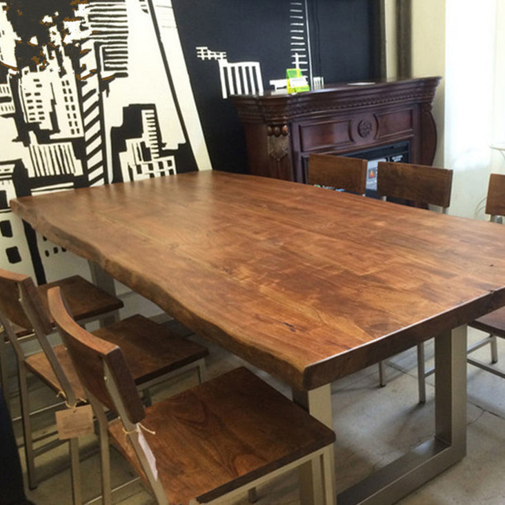 Rectangle Sled Base Industrial Table Wood Color Fixed Table with Solid Wood 63"L x 27.6"W x 29.5"H Without Chairs Clearhalo 'Dining Tables & Seating' 'Dining Tables' 'dining_table' 'furn' 'furn_dining_table' 'Furniture' 'furniture_dining_table' 'Kitchen & Dining Furniture' 'kitchen' 'kitchen_dining_table' 4781017