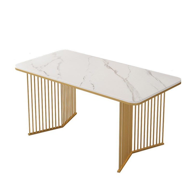 Rectangle Stone Dining table Gold Frame Traditional Luxury Double Pedestal Table White Without Chairs Clearhalo 'Dining Tables & Seating' 'Dining Tables' 'dining_table' 'furn' 'furn_dining_table' 'Furniture' 'furniture_dining_table' 'Kitchen & Dining Furniture' 'kitchen' 'kitchen_dining_table' 4781336