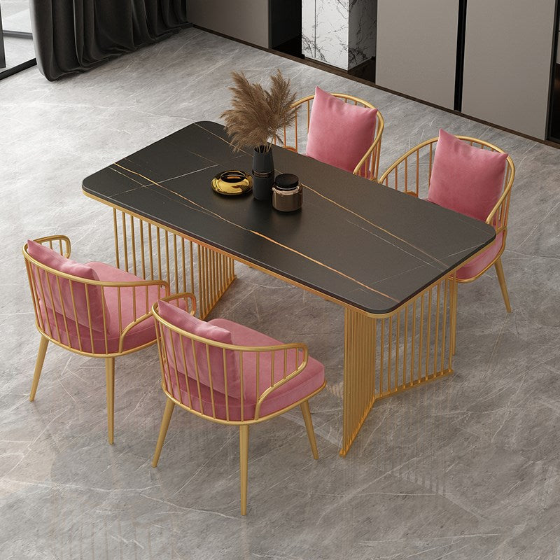 Rectangle Stone Dining table Gold Frame Traditional Luxury Double Pedestal Table Black Gold 47.2"L x 23.6"W x 29.5"H Without Chairs Clearhalo 'Dining Tables & Seating' 'Dining Tables' 'dining_table' 'furn' 'furn_dining_table' 'Furniture' 'furniture_dining_table' 'Kitchen & Dining Furniture' 'kitchen' 'kitchen_dining_table' 4781337