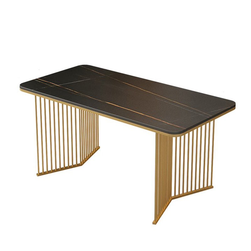 Rectangle Stone Dining table Gold Frame Traditional Luxury Double Pedestal Table Black Gold Without Chairs Clearhalo 'Dining Tables & Seating' 'Dining Tables' 'dining_table' 'furn' 'furn_dining_table' 'Furniture' 'furniture_dining_table' 'Kitchen & Dining Furniture' 'kitchen' 'kitchen_dining_table' 4781338