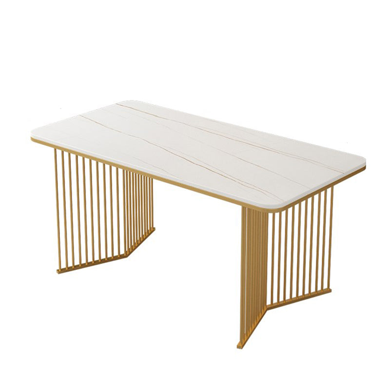 Rectangle Stone Dining table Gold Frame Traditional Luxury Double Pedestal Table White Gold Without Chairs Clearhalo 'Dining Tables & Seating' 'Dining Tables' 'dining_table' 'furn' 'furn_dining_table' 'Furniture' 'furniture_dining_table' 'Kitchen & Dining Furniture' 'kitchen' 'kitchen_dining_table' 4781341