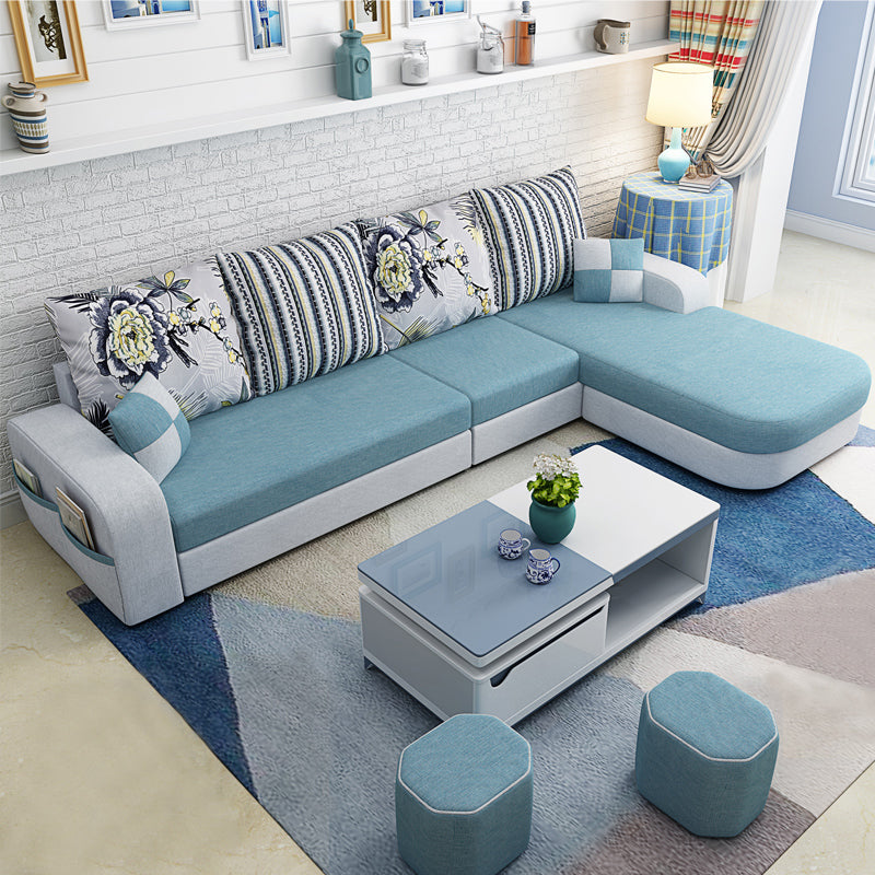 110.24"D x 62.99"W x 33.86"H Casual Removable Cushions Sectionals,Square Arm Light Blue Cotton Blend Clearhalo 'furn' 'furn_sectionals' 'Furniture' 'furniture_sectionals' 'kitchen' 'kitchen_sectionals' 'Living Room Furniture' 'Sectionals' 4785066