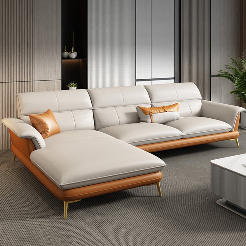 Modern Cream Genuine Leather Pillow Top Arm Sofa/Sectional for Living Room 108"L x 67"W x 33.5"H Clearhalo 'furn' 'furn_sectionals' 'Furniture' 'furniture_sectionals' 'kitchen' 'kitchen_sectionals' 'Living Room Furniture' 'Sectionals' 4785069