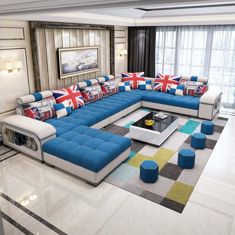 141.73"D x 94.5"W x 33.46"H Pillowed Back Cushions Sectionals with Storage Blue Velvet Clearhalo 'furn' 'furn_sectionals' 'Furniture' 'furniture_sectionals' 'kitchen' 'kitchen_sectionals' 'Living Room Furniture' 'Sectionals' 4785084