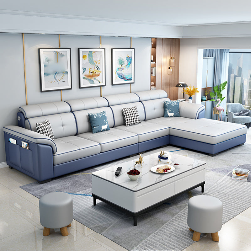 Faux Leather/Cotton Blend L-Shape Right Hand Facing Sectional Sofa Set Blue White Clearhalo 'Furniture' 'furniture_sectionals' 'kitchen' 'kitchen_sectionals' 'Living Room Furniture' 'Sectionals' 4785109