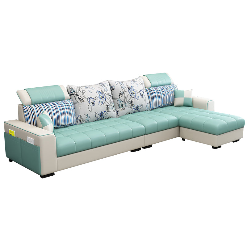 106.3"D x 57"W x 35.43"H Square Arm Sectionals, Modern High Back Sofa with Storage Mint Green Faux Leather Clearhalo 'furn' 'furn_sectionals' 'Furniture' 'furniture_sectionals' 'kitchen' 'kitchen_sectionals' 'Living Room Furniture' 'Sectionals' 4785138