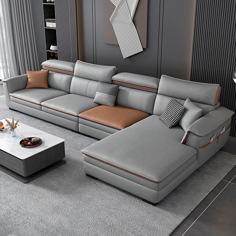 Faux Leather Pillow Top Arm Sectional with Adjustable Pillowed Back Cushions Light Gray Clearhalo 'furn' 'furn_sectionals' 'Furniture' 'furniture_sectionals' 'kitchen' 'kitchen_sectionals' 'Living Room Furniture' 'Sectionals' 4785149