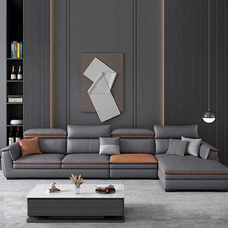 Faux Leather Pillow Top Arm Sectional with Adjustable Pillowed Back Cushions 129"L x 71"W x 37.4"H Dark Gray Clearhalo 'furn' 'furn_sectionals' 'Furniture' 'furniture_sectionals' 'kitchen' 'kitchen_sectionals' 'Living Room Furniture' 'Sectionals' 4785150