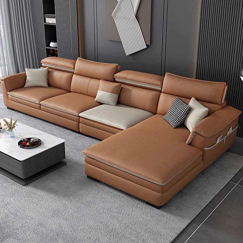 Faux Leather Pillow Top Arm Sectional with Adjustable Pillowed Back Cushions Orange Clearhalo 'furn' 'furn_sectionals' 'Furniture' 'furniture_sectionals' 'kitchen' 'kitchen_sectionals' 'Living Room Furniture' 'Sectionals' 4785156