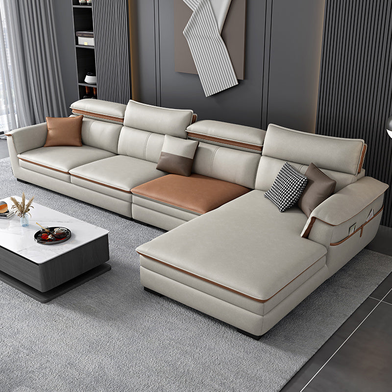 Faux Leather Pillow Top Arm Sectional with Adjustable Pillowed Back Cushions Off-White Clearhalo 'furn' 'furn_sectionals' 'Furniture' 'furniture_sectionals' 'kitchen' 'kitchen_sectionals' 'Living Room Furniture' 'Sectionals' 4785157