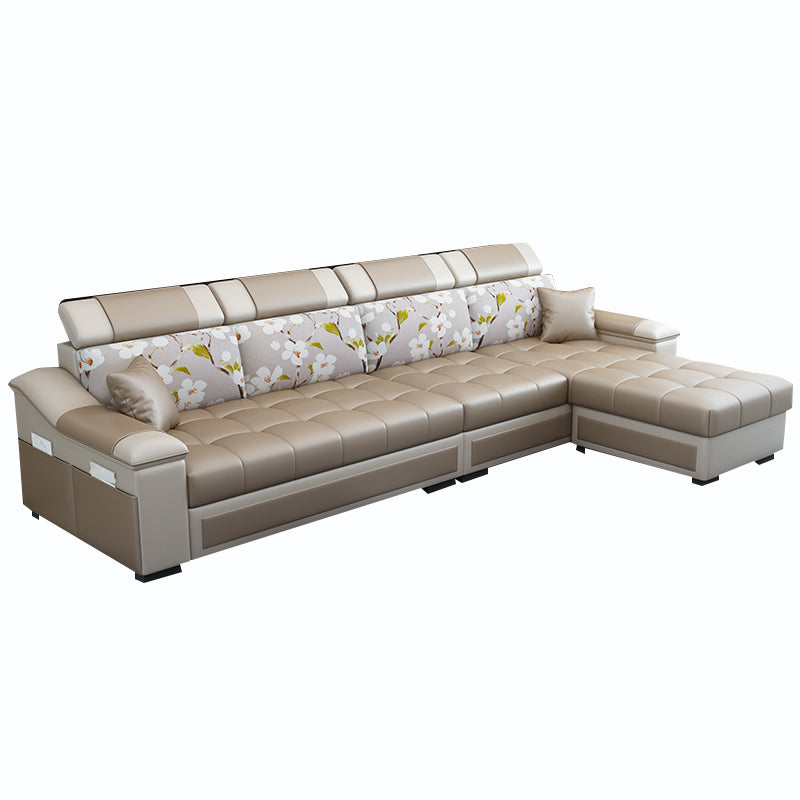 106.3"D x 57"W x 35.43"H Sloped Arm Sectionals, Modern High Back Sofa with Storage Khaki Faux Leather Clearhalo 'furn' 'furn_sectionals' 'Furniture' 'furniture_sectionals' 'kitchen' 'kitchen_sectionals' 'Living Room Furniture' 'Sectionals' 4785166