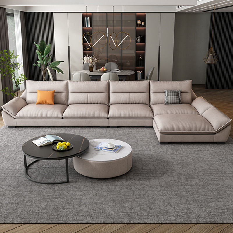 Flared Arm Beige Sectional Sofa with Chaise Pillowed Back Cushions Couch Sectional Clearhalo 'furn' 'furn_sectionals' 'Furniture' 'furniture_sectionals' 'kitchen' 'kitchen_sectionals' 'Living Room Furniture' 'Sectionals' 4785203