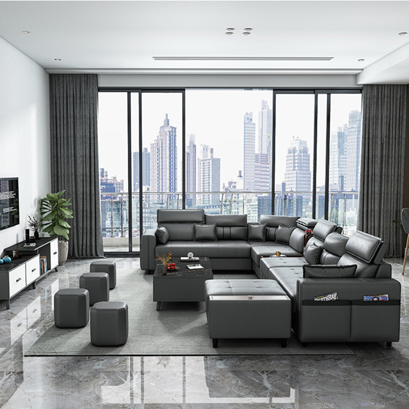 Square Arm Grey Cushion Back Contemporary Storage Adjustable Living Room Sofa Clearhalo 'Furniture' 'furniture_sectionals' 'kitchen' 'kitchen_sectionals' 'Living Room Furniture' 'Sectionals' 4785260