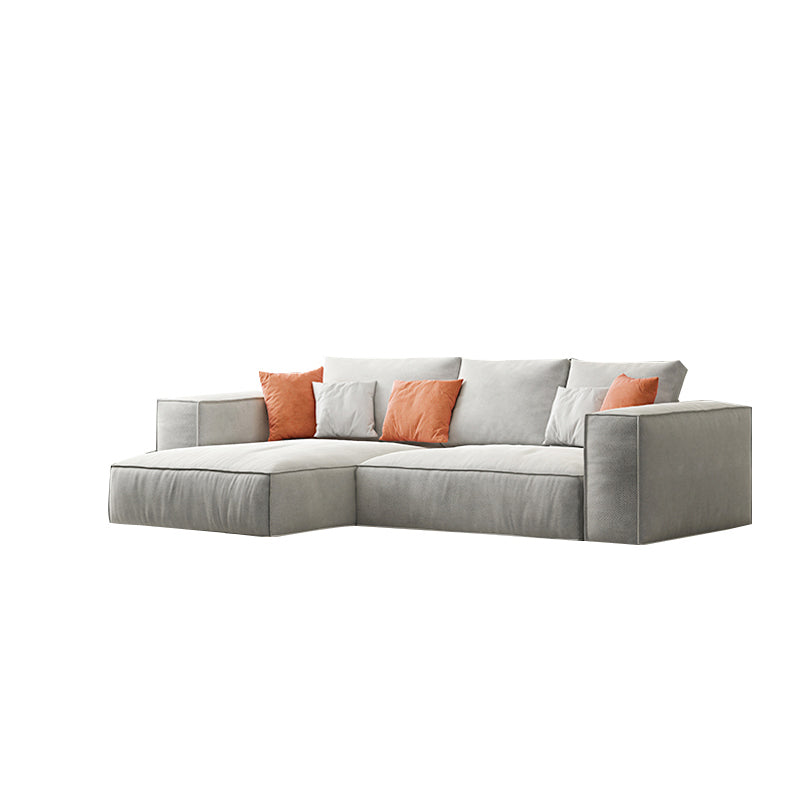 Simple Light-grey Sofa/Sectional with Faux Leather and Pillowed Back Cushions Clearhalo 'furn' 'furn_sectionals' 'Furniture' 'furniture_sectionals' 'kitchen' 'kitchen_sectionals' 'Living Room Furniture' 'Sectionals' 4785375