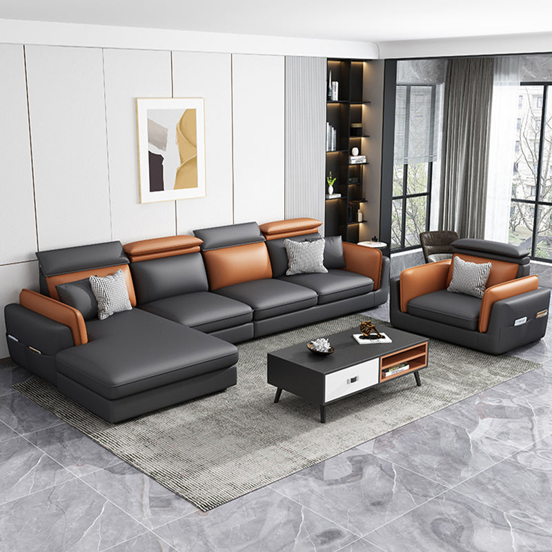 Faux Leather Square Arm Sofa/Sectional with Pillowed Back Cushions, Stain Resistan Clearhalo 'furn' 'furn_sectionals' 'Furniture' 'furniture_sectionals' 'kitchen' 'kitchen_sectionals' 'Living Room Furniture' 'Sectionals' 4785427