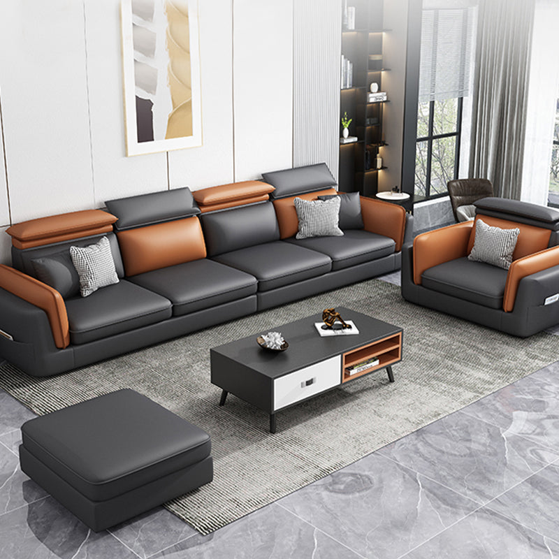 Faux Leather Square Arm Sofa/Sectional with Pillowed Back Cushions, Stain Resistan Clearhalo 'furn' 'furn_sectionals' 'Furniture' 'furniture_sectionals' 'kitchen' 'kitchen_sectionals' 'Living Room Furniture' 'Sectionals' 4785428