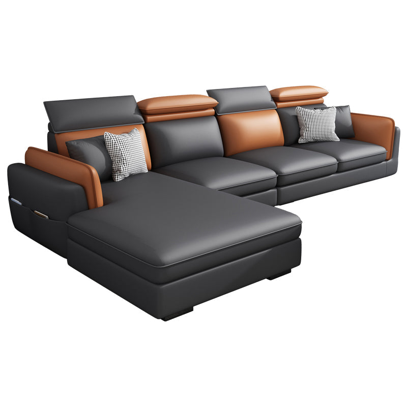 Faux Leather Square Arm Sofa/Sectional with Pillowed Back Cushions, Stain Resistan Clearhalo 'furn' 'furn_sectionals' 'Furniture' 'furniture_sectionals' 'kitchen' 'kitchen_sectionals' 'Living Room Furniture' 'Sectionals' 4785431