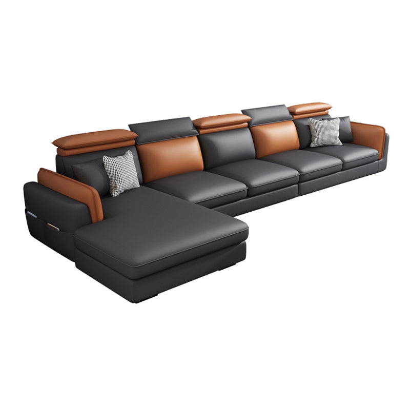 Faux Leather Square Arm Sofa/Sectional with Pillowed Back Cushions, Stain Resistan 153.5"L x 71"W x 36"H Clearhalo 'furn' 'furn_sectionals' 'Furniture' 'furniture_sectionals' 'kitchen' 'kitchen_sectionals' 'Living Room Furniture' 'Sectionals' 4785432