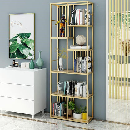 Manufactured Wood Shelf Etagere Bookshelf Modern Iron Frame Bookshelf for Office 23.6"L x 11.8"W x 78.7"H Gold Clearhalo 'Bookcases' 'furn' 'furn_bookcases' 'Furniture' 'furniture_bookcases' 'kitchen' 'kitchen_bookcases' 'Living Room Furniture' 'Office Furniture' 4789097