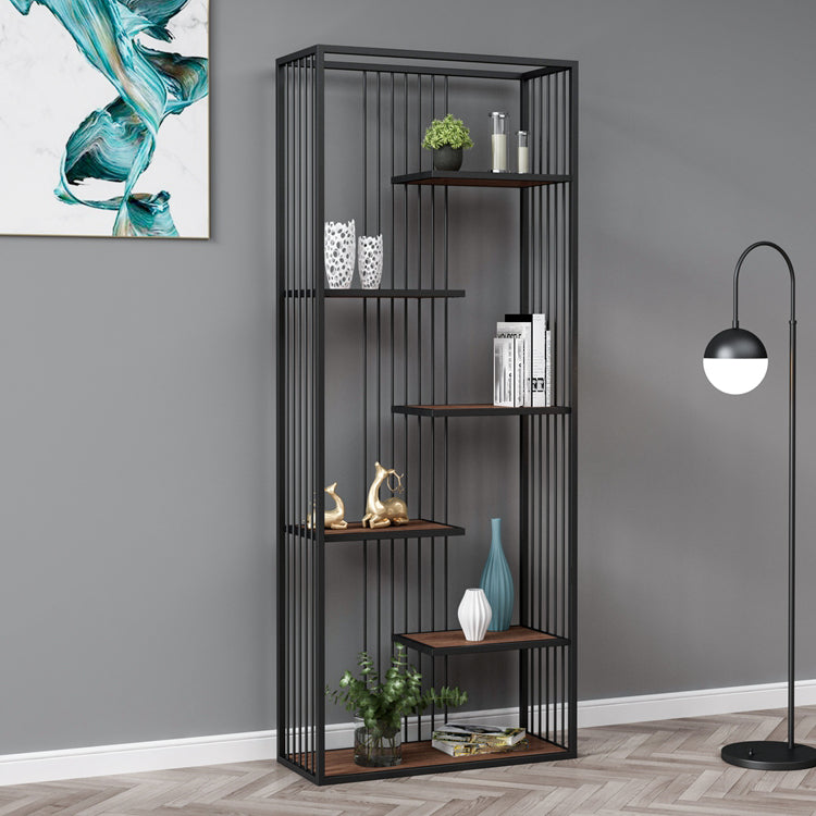 5-Shelf Modern Vertical Etagere Bookshelf Iron Frame Manufactured Wood Shelf Bookshelf Clearhalo 'Bookcases' 'furn' 'furn_bookcases' 'Furniture' 'furniture_bookcases' 'kitchen' 'kitchen_bookcases' 'Living Room Furniture' 'Office Furniture' 4789183