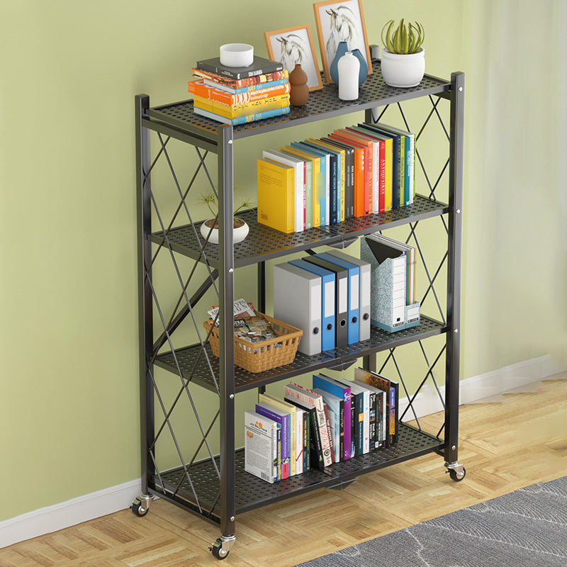 Industrial Open Etagere Bookshelf Steel Bookshelf with Caster Wheels Black 28"L x 13.8"W x 49.2"H Clearhalo 'Bookcases' 'Furniture' 'furniture_bookcases' 'kitchen' 'kitchen_bookcases' 'Living Room Furniture' 'Office Furniture' 4789388