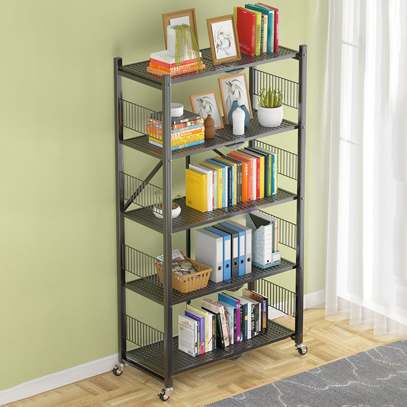 Industrial Open Etagere Bookshelf Steel Bookshelf with Caster Wheels Black 24.4"L x 11.4"W x 61.8"H Clearhalo 'Bookcases' 'Furniture' 'furniture_bookcases' 'kitchen' 'kitchen_bookcases' 'Living Room Furniture' 'Office Furniture' 4789390