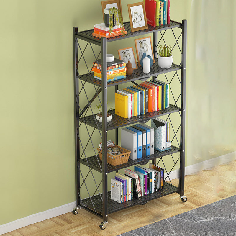Industrial Open Etagere Bookshelf Steel Bookshelf with Caster Wheels Black 28"L x 13.8"W x 63"H Clearhalo 'Bookcases' 'Furniture' 'furniture_bookcases' 'kitchen' 'kitchen_bookcases' 'Living Room Furniture' 'Office Furniture' 4789392