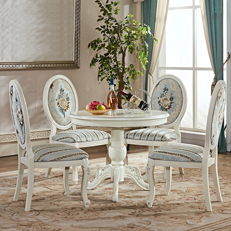 Solid Wood Victorian Round Dining Table Rubberwood Table with Pedestal Base White-Silver 35.4"L x 35.4"W x 29.5"H Without Chairs Clearhalo 'Dining Tables & Seating' 'Dining Tables' 'dining_table' 'furn' 'furn_dining_table' 'Furniture' 'furniture_dining_table' 'Kitchen & Dining Furniture' 'kitchen' 'kitchen_dining_table' 4791798