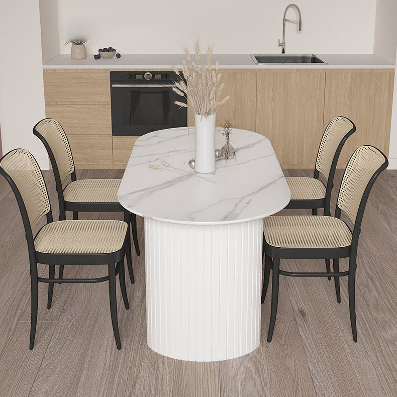 Stone Top Table Contemporary Dining Table with Sled Base in White Off-White 55.1"L x 27.6"W x 29.5"H Oval Clearhalo 'Dining Tables & Seating' 'Dining Tables' 'dining_table' 'Furniture' 'furniture_dining_table' 'Kitchen & Dining Furniture' 'kitchen' 'kitchen_dining_table' 4791941