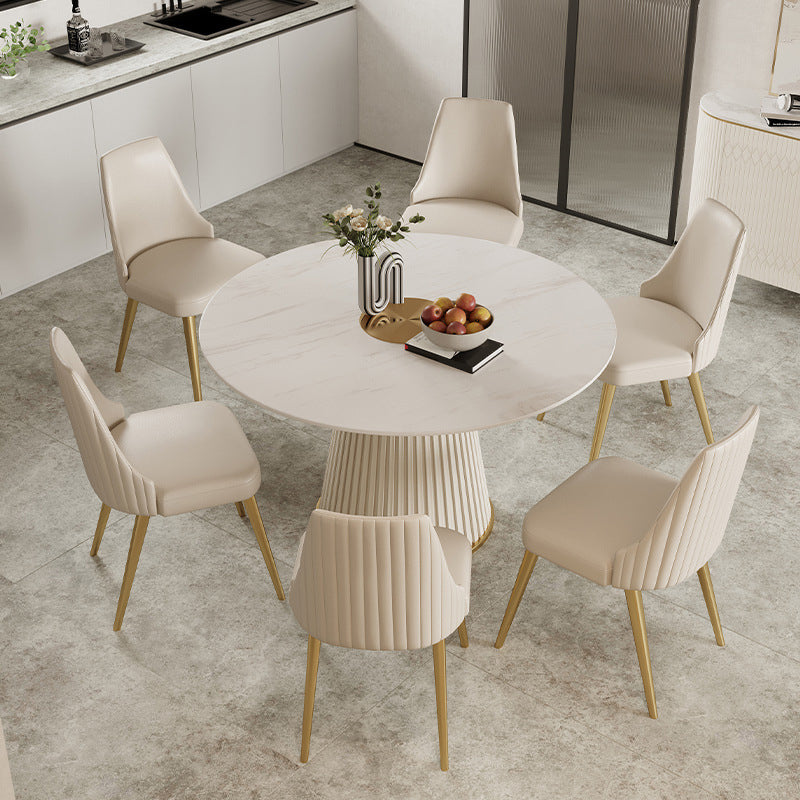 Stone Top Dining Table Round Table with Wood Pedestal Base in White Off-White Without Chairs Clearhalo 'Dining Tables & Seating' 'Dining Tables' 'dining_table' 'furn' 'furn_dining_table' 'Furniture' 'furniture_dining_table' 'Kitchen & Dining Furniture' 'kitchen' 'kitchen_dining_table' 4792008