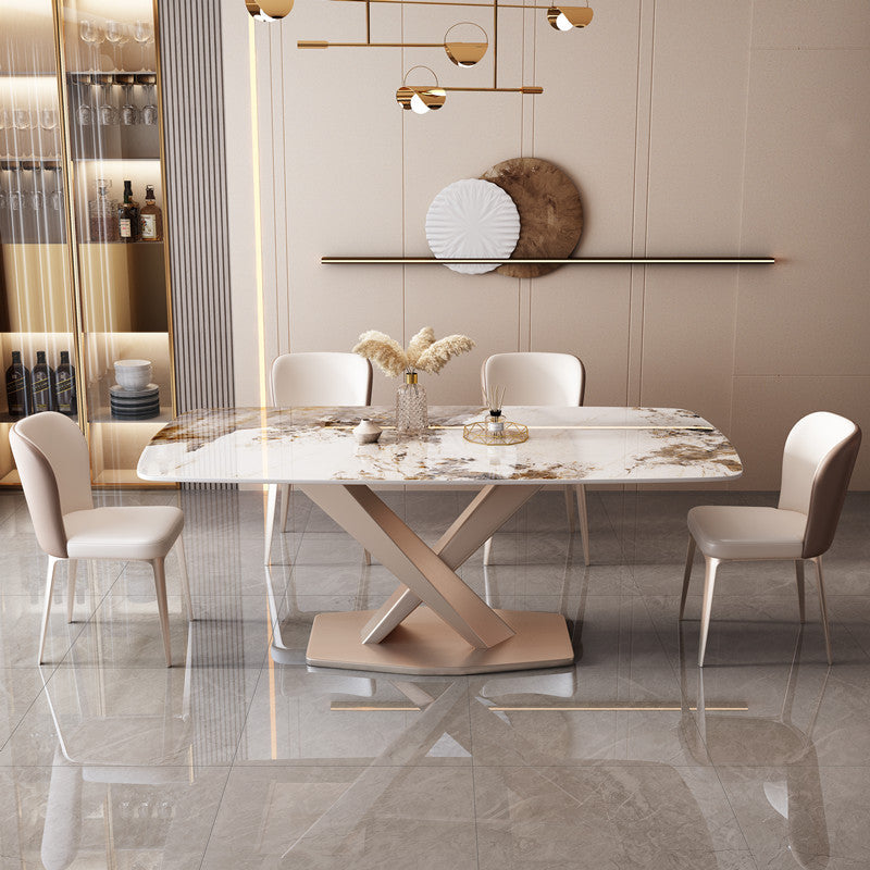 Metal Modern Style Rectangle Dining Table Sintered Stone Top Table for Dining Room Pandora Gold 63"L x 31.5"W x 29.5"H Without Chairs Clearhalo 'Dining Tables & Seating' 'Dining Tables' 'dining_table' 'furn' 'furn_dining_table' 'Furniture' 'furniture_dining_table' 'Kitchen & Dining Furniture' 'kitchen' 'kitchen_dining_table' 4792026