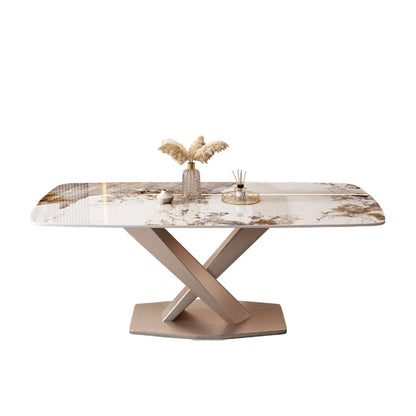 Metal Modern Style Rectangle Dining Table Sintered Stone Top Table for Dining Room Pandora Gold Without Chairs Clearhalo 'Dining Tables & Seating' 'Dining Tables' 'dining_table' 'furn' 'furn_dining_table' 'Furniture' 'furniture_dining_table' 'Kitchen & Dining Furniture' 'kitchen' 'kitchen_dining_table' 4792028