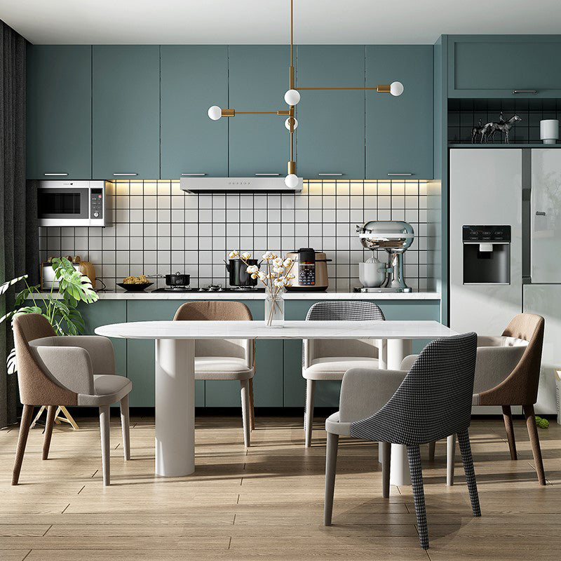Modern Stone Top Oval Dinette Table Wood Tripod Base Dining Table in White White 55.1"L x 27.6"W x 29.5"H Without Chairs Clearhalo 'Dining Tables & Seating' 'Dining Tables' 'dining_table' 'furn' 'furn_dining_table' 'Furniture' 'furniture_dining_table' 'Kitchen & Dining Furniture' 'kitchen' 'kitchen_dining_table' 4792058