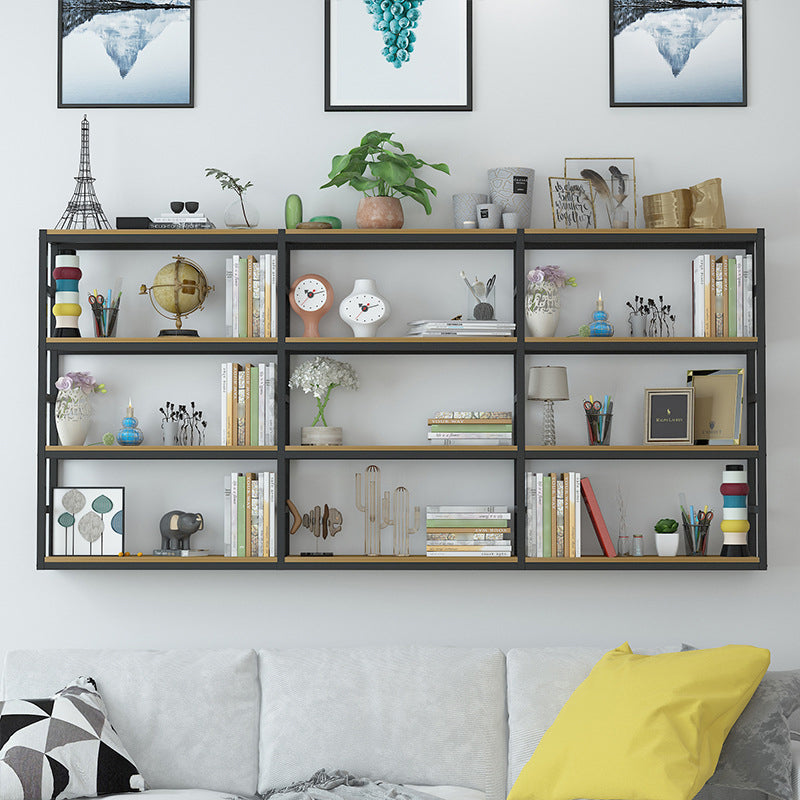 Industrial Wall Unit Bookshelf Black Steel Frame Natural Manufactured Wood Shelf Bookshelf Black-Wood 92.5"L x 9.4"W x 43.3"H Clearhalo 'Bookcases' 'Furniture' 'furniture_bookcases' 'kitchen' 'kitchen_bookcases' 'Living Room Furniture' 'Office Furniture' 4793088